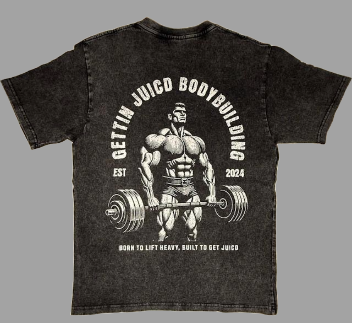 Back view of Juicd Up men’s gym t-shirt featuring graphic bodybuilder design and GettinJuicd Bodybuilding print.