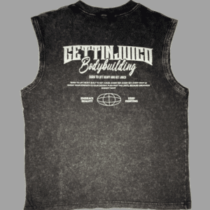 Flat lay of Embrace Reality vest showing back design with GettinJuicd Bodybuilding slogan and graphic details.