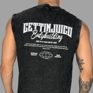 Back view of model wearing Embrace Reality men’s gym vest with bold GettinJuicd Bodybuilding print and motivational design.