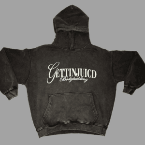 Flat lay of Angels Strength hoodie showing GettinJuicd Bodybuilding front logo on faded black cotton.